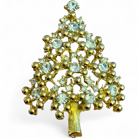 Vintage Signed Eisenberg Gold Tone Rhinestone Christmas Tree Brooch - Picture 1 of 4